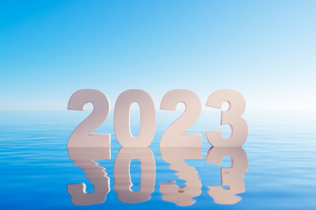 2023 number on blue sea abstract background. Happy new year concept.3d render graphic.