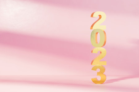 2023 gold number on clean pink color abstract background. Happy new year concept.3d render graphic.の写真素材