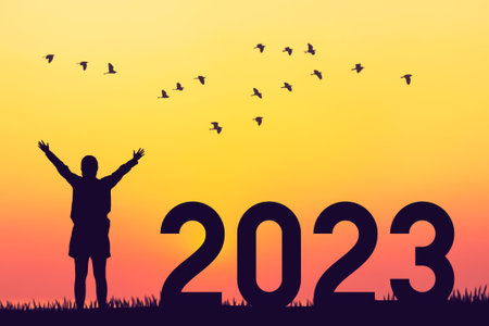 Woman raise hand up on sunset sky with birds flying at top of mountain and number 2023 abstract...