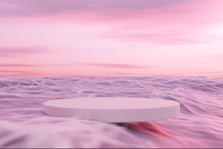 3D podium with copy space for product display presentation on tropical sunset beach abstract background. Tropical summer and vacation concept. Graphic rendering illustration art design.の写真素材