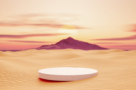 3D podium with copy space for product display presentation on tropical sunset beach abstract background. Tropical summer and vacation concept. Graphic rendering illustration art design.の写真素材
