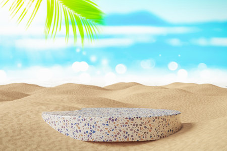 3d podium with copy space for product display presentation on palm beach abstract background. Tropical summer and vacation concept. Graphic art design.の写真素材