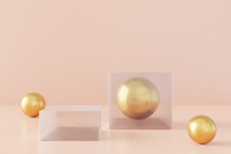 3D glass and gold podium with copy space for product display presentation. Graphic rendering...