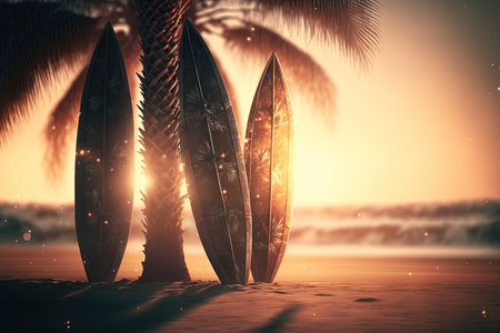 Surfboard and palm tree on tropical beach. Generative AIの写真素材