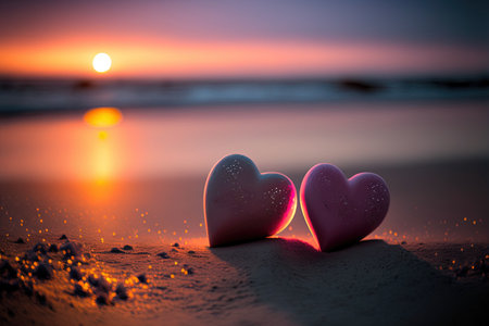 Two pink heart on sunset beach with bokeh light background. Love valentine and nature concept. Generative AIの写真素材