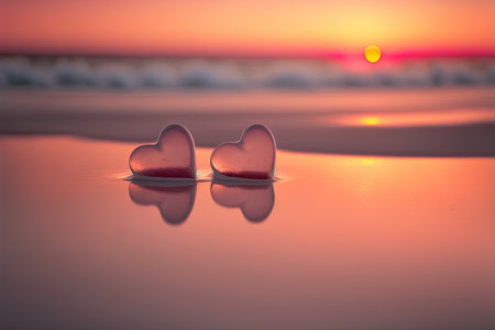 Two pink heart on sunset beach with bokeh light background. Love valentine and nature concept. Generative AIの写真素材