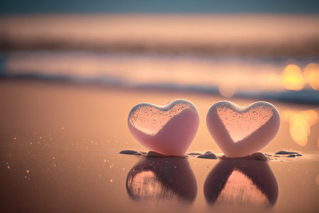 Two pink heart on sunset beach with bokeh light background. Love valentine and nature concept. Generative AIの写真素材