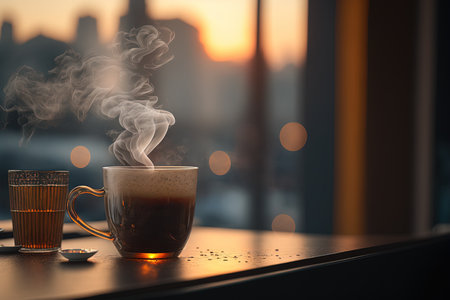 A cup of coffee in cafe with mornign bokeh light from window. Generative AIの写真素材