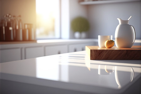 Copy space of luxury table top counter on blur kitchen abstract background. Food and product presentation. Generative Aiの写真素材
