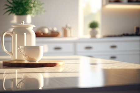 Copy space of luxury table top counter on blur kitchen abstract background. Food and product presentation. Generative Aiの写真素材