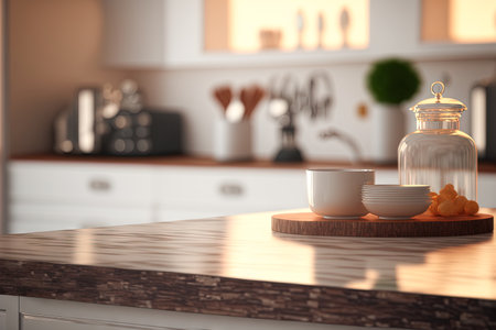 Copy space of luxury table top counter on blur kitchen abstract background. Food and product...