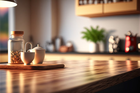 Copy space of table top counter on blur bokeh coffee cafe abstract background with morning sunlight from window. Generative AIの写真素材