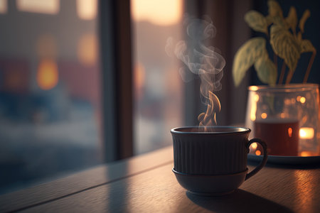 A cup of coffee in cafe with mornign bokeh light from window. Generative AIの写真素材