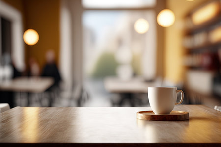 Copy space of table top counter on blur bokeh coffee cafe abstract background with morning sunlight from window. Generative AIの写真素材