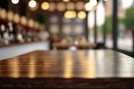 Copy space of table top counter on blur bokeh coffee cafe abstract background with morning sunlight...
