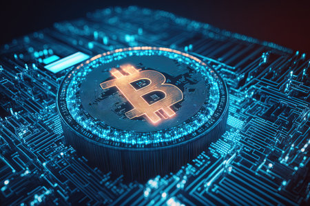 Bitcoin on vibrant bokeh light abstract background. Finance and technology concept. Generative AI