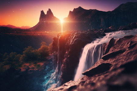 Mountain and waterfall on sunset sky abstract background with bokeh sunlight shallow depth of field. Nature and environment concept. Generative AIの写真素材
