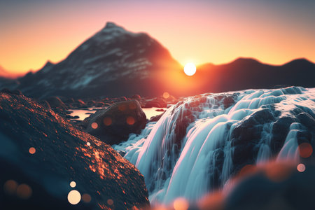 Mountain and waterfall on sunset sky abstract background with bokeh sunlight shallow depth of field. Nature and environment concept. Generative AIの写真素材