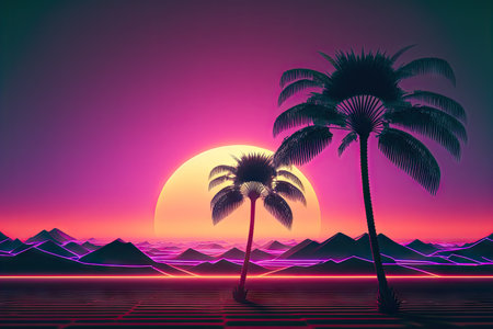 Silhouette palm tree with sun sand and beach retro tone color background. Summer vacation concept....