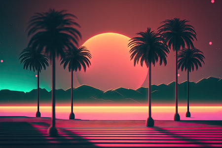 Silhouette palm tree with sun sand and beach retro tone color background. Summer vacation concept. Generative AIの写真素材