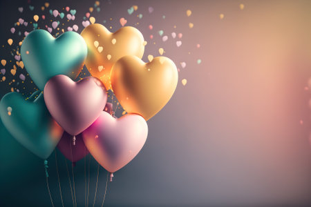 Pastel balloon heart shape flying on bokeh light abstract background. Love and party concept. Generative AIの写真素材