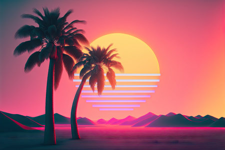 Silhouette palm tree with sun sand and beach retro tone color background. Summer vacation concept....
