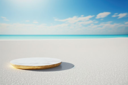 Copy space of luxury mable tabletop on blur tropical beach with blue sky and white clouds abstract background. Product presentation and travel vacation concept. Generative AIの写真素材