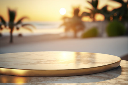 Copy space of luxury mable tabletop on blur tropical beach with sunset sky abstract background. Product presentation and travel vacation concept. Generative AIの写真素材