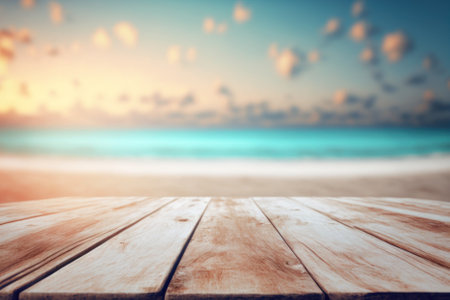Copy space of tabletop on tropical beach with sunset sky and clouds abstract background. Product...