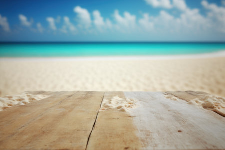 Copy space of tabletop on tropical beach with blue sky and white clouds abstract background. Product...