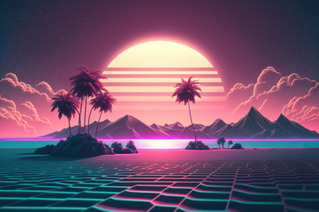 Silhouette palm tree with sun sand and beach retro tone color background. Summer vacation concept. Generative AIの写真素材