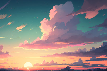 Pastel sunset sky and clouds drawing backgroud. Generative AI