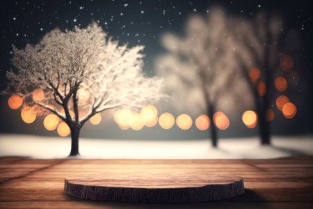Copy space of tabletop on blur park night winter season tree abstract background. Product presentation on nature and environment concept. Generative AIの写真素材