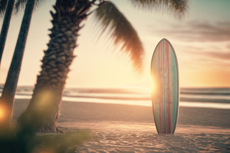 Surfboard and palm tree on tropical sunset beach. Generative AI.