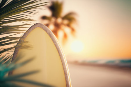 Surfboard and palm tree on tropical sunset beach. Generative AI.の写真素材