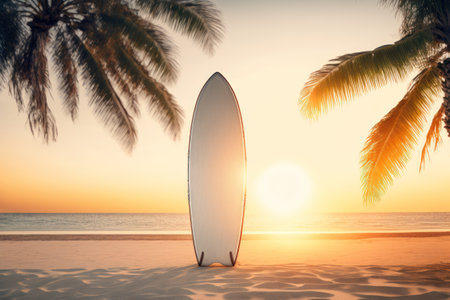 Surfboard and palm tree on tropical sunset beach. Generative AI.の写真素材