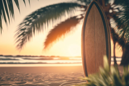 Surfboard and palm tree on tropical sunset beach. Generative AI.の写真素材