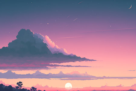 Pastel sunset sky and clouds drawing backgroud. Generative AI