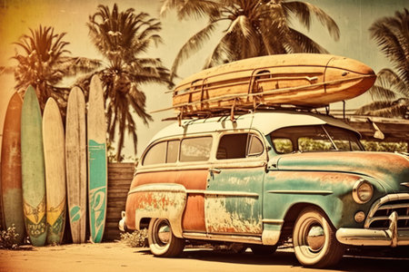 Pastel surfboards on tropical beach. Retro tone color style. Travel vacation concept. Generative AI.の写真素材