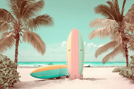 Pastel surfboards on tropical beach. Retro tone color style. Travel vacation concept. Generative AI.の写真素材