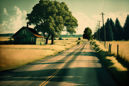 Road to country. Retro tone color style. Travel vacation concept. Generative AI.