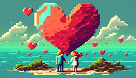Pixel art of heart and couple with pastel color background. Love and valentine day concept....