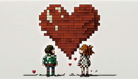 Pixel art of heart and couple with pastel color background. Love and valentine day concept....