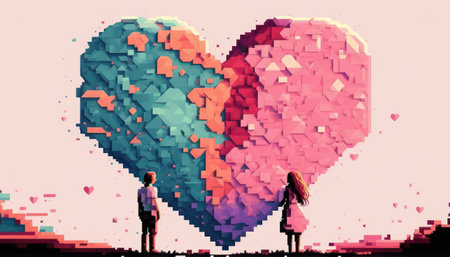 Pixel art of heart and couple with pastel color background. Love and valentine day concept....