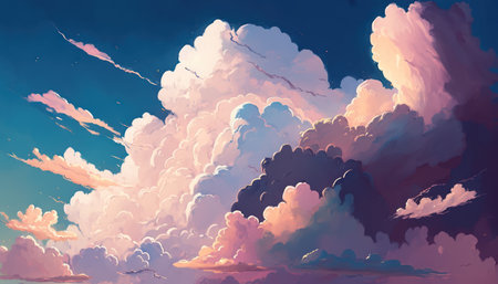 Coloful twilling sunset sky with cloudscape drawing background. Environment and nature concept....