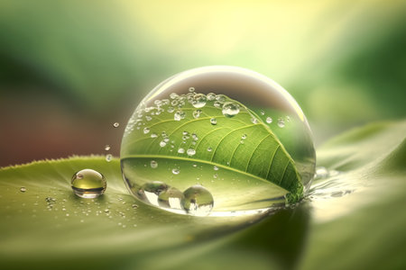 World water day concept. Water drop in nature green leaves abstract background. Generative AI