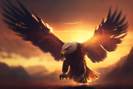 Freedom concept. Eagle bird flying on sunset sky abstract background. Generative ai