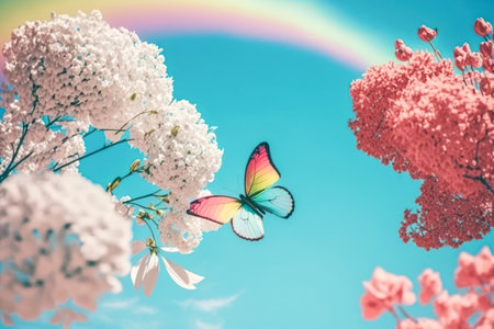 Spring season nature concept. Colorful flowers and butterflys on blue sky white clouds and rainbow...