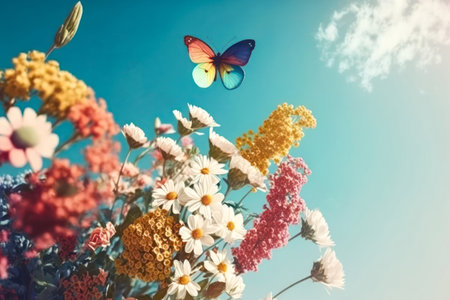 Spring season nature concept. Colorful flowers and butterflys on blue sky white clouds and mountain...