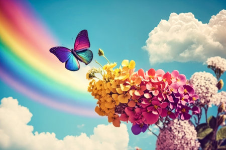 Spring season nature concept. Colorful flowers and butterflys on blue sky white clouds and rainbow...